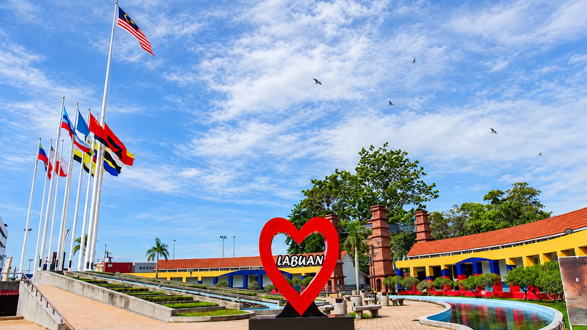 Labuan Square with the Labuan heart sign and flags