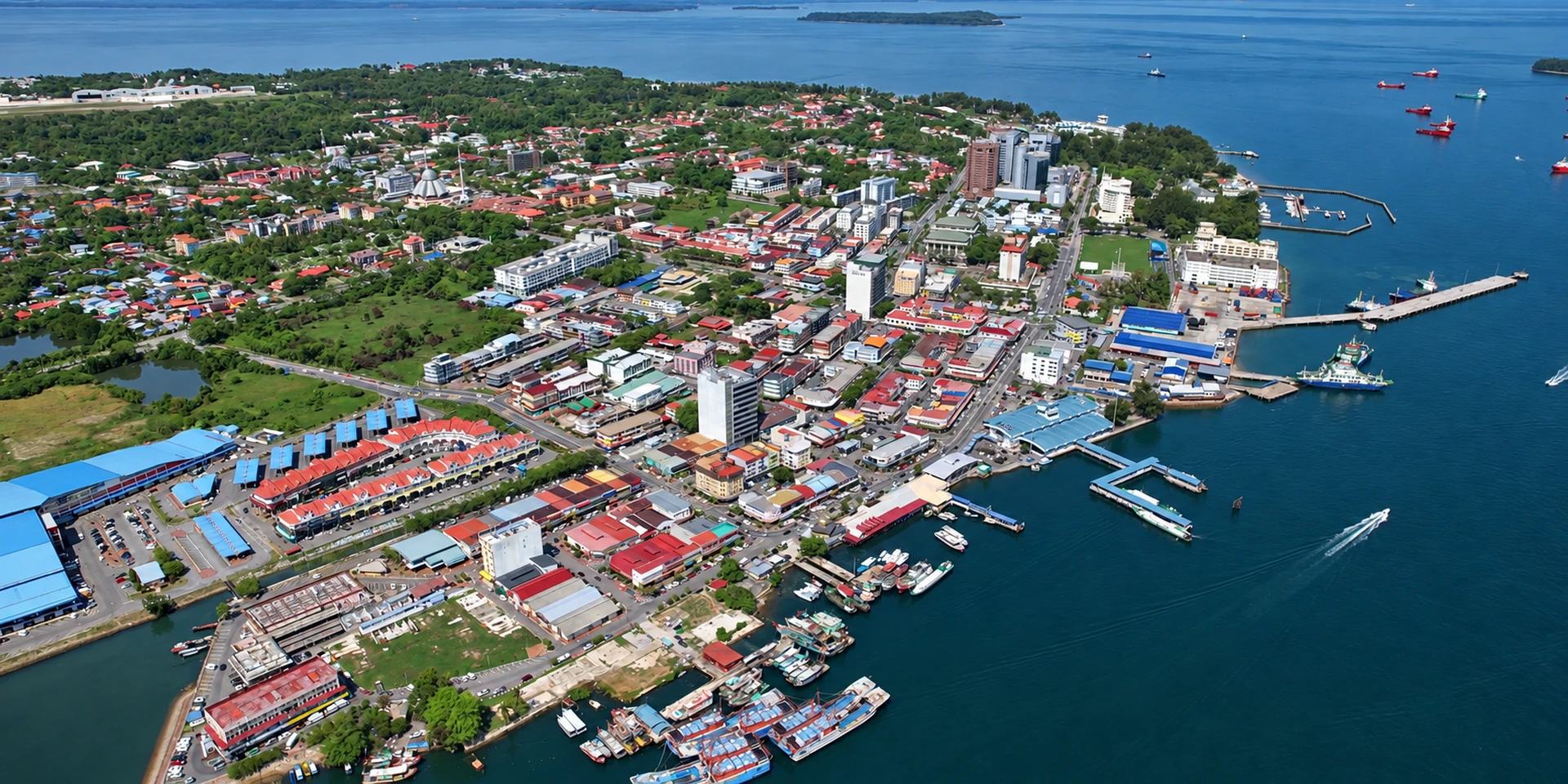Aerial panorama of Labuan town and waterfront